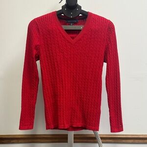 Tommy Hilfiger V-Neck Cable Knit Sweater in Red